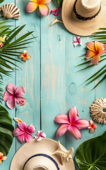 A sun hat, vibrant frangipani flowers, and starfish set on a pastel blue wooden background invoke the spirit of summer and beach holidays.