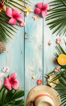 Essential items for a day at the beach, including a sun hat and tropical flowers, laid out on weathered wooden planks for a perfect summer vibe.