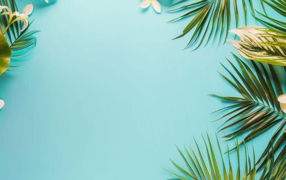 Tropical foliage and vibrant pink flowers form a natural frame on an aqua background, suggesting an invitation to tranquil paradise. The composition is perfect for summer themes and exotic backdrops.