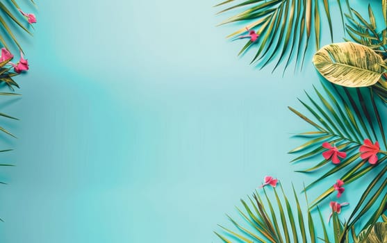 Tropical foliage and vibrant pink flowers form a natural frame on an aqua background, suggesting an invitation to tranquil paradise. The composition is perfect for summer themes and exotic backdrops.