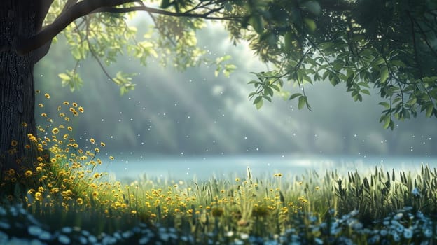 Sunlit meadow with blooming flowers, surrounded by trees under a sky filled with soft, glowing light