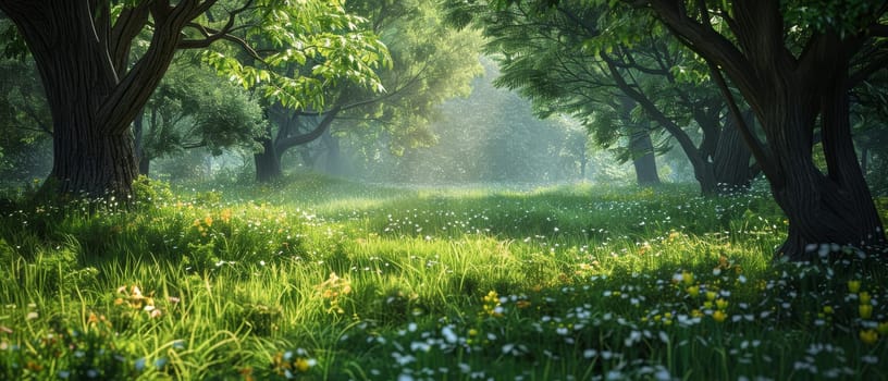 A lush green forest floor covered in a vibrant array of wildflowers. Sunlight filters through the leaves of towering trees, casting dappled light on the ground