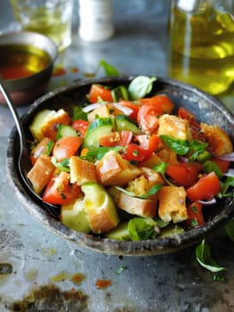 Fresh panzanella salad with crispy bread, juicy tomatoes, and basil in a rustic bowl