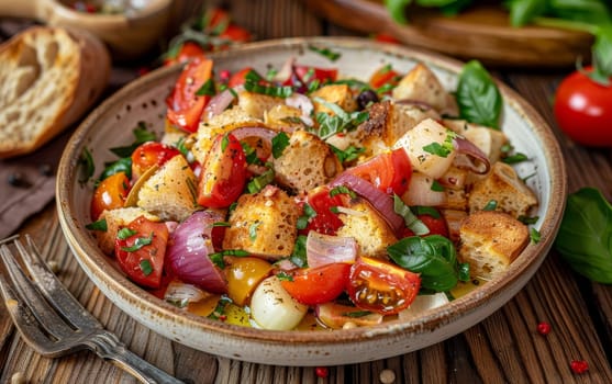 Colorful Tuscan panzanella salad with fresh vegetables, herbs, and toasted bread on a rustic wooden table
