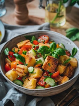 Colorful Tuscan panzanella salad with fresh vegetables, herbs, and toasted bread on a rustic wooden table