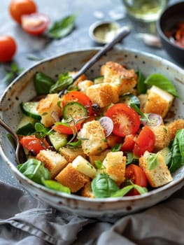 Fresh panzanella salad with crispy bread, juicy tomatoes, and basil in a rustic bowl