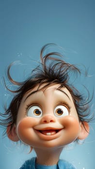 The cartoon character has a big smile on his face, his hair is blowing in the wind. His nose, cheek, and jawline are highlighted, emphasizing his happy expression