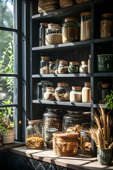 A display case made of hardwood shelving holds jars of food in a pantry with a window, creating a warm and inviting atmosphere