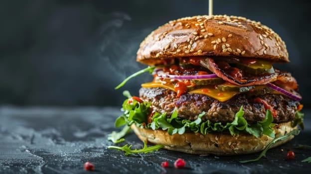 Juicy Cheeseburger with Tantalizing Toppings with Copy Space for Text.
