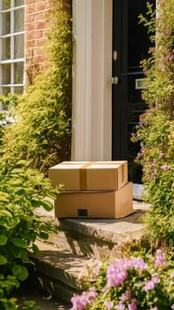 Postal service, home delivery and online shopping, parcel box on a house doorstep in the countryside, post-processed, generative ai