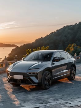 Futuristic Electric SUV Navigating Winding Mountain Roads.