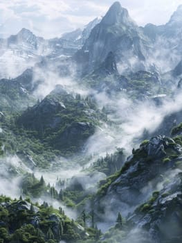 Shrouded Mountain Landscape Enveloped in Mist.