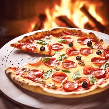 Pizza capricciosa homemade with fire in the oven, online delivery from pizzeria, take away and italian fast food, post-processed, generative ai