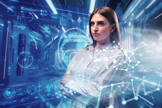 Young businesswoman watch and analyze digital business data on futuristic holographic screen close up