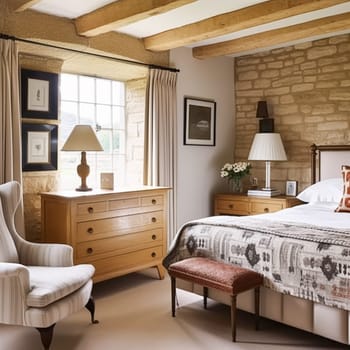 Cottage style bedroom decor, interior design and home decor, bed with elegant bedding and bespoke furniture, English country house or holiday rental interiors