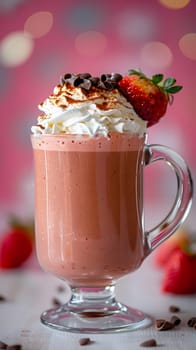 A delectable cup of hot chocolate topped with whipped cream and a fresh strawberry, served in a cozy mug on a wooden table