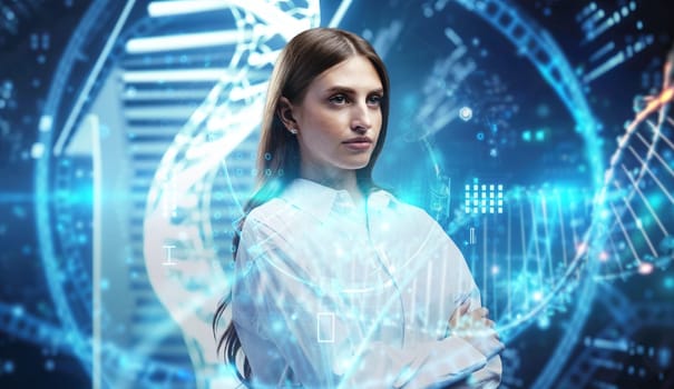 Young businesswoman watch and analyze digital business data on futuristic holographic screen close up