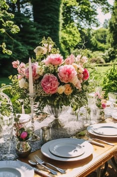 Holiday tablescape, formal dinner table setting, peony flowers table scape with peonies decoration for wedding party and event celebration, post-processed, generative ai