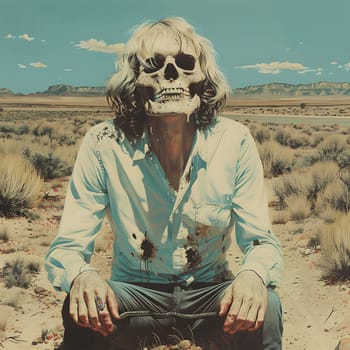 A man wearing sunglasses with a skull pattern on his face sits in the arid landscape of a desert ecoregion, surrounded by sparse plants and a cloudy sky