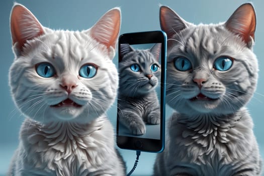 two cute cats with a phone, internet dating concept .