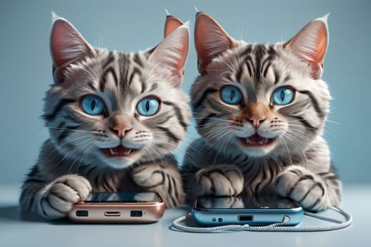 two cute cats with a phone, internet dating concept .