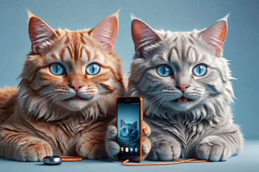 two cute cats with a phone, internet dating concept .