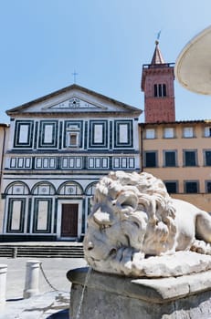 Empoli ,  Tuscany , Farinata degli Uberti square with the fountain and the Collegiata di Sant'Andrea church 