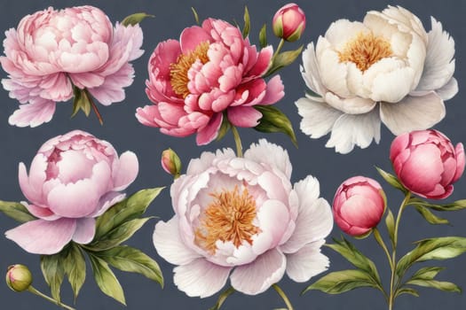 The image of a blooming peony on a smooth grey canvas highlights the lush appearance of the flowers.