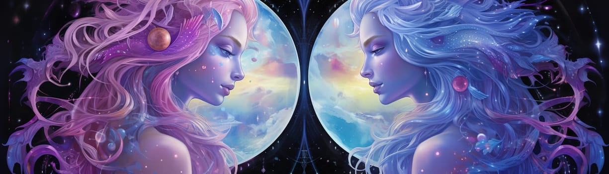 Sign of the zodiac Gemini in vibrant, holographic colors. Mysticism with a touch of surrealism. Astrological sign twins on dark background. Horoscope. Panoramic banner. Generative AI