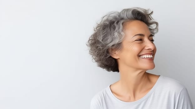 Portrait of beautiful happy smiling mature woman with gray hair, toothy smile looking at camera on white studio background