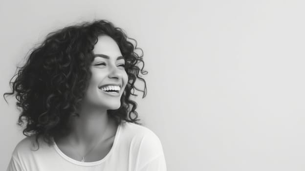 Portrait of beautiful happy cheerful laughing young woman with toothy smile on white studio background, black and white photography