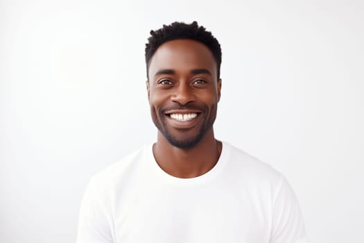 Portrait of handsome happy smiling african young man in t-shirt with toothy smile, bearded, looking at camera on white studio background