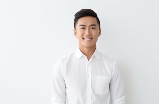 Portrait of handsome happy smiling asian young man in shirt with toothy smile looking at camera on white studio background