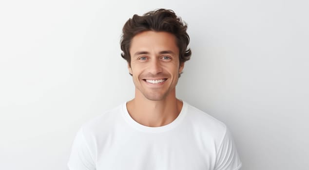 Portrait of handsome happy smiling young man in t-shirt with toothy smile looking at camera on white studio background