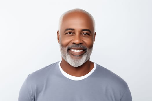 Portrait of handsome happy smiling mature african man with toothy smile, bearded, looking at camera on white studio background