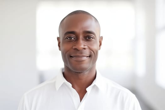 Portrait of confident happy african man entrepreneur in white modern office, professional businessman looking at camera wearing shirt