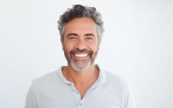 Portrait of handsome happy smiling mature man with toothy smile, gray hair, bearded, looking at camera on white studio background