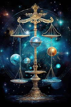 Sign of the zodiac Libra in vibrant, holographic colors. Golden scale balancing planets amidst a cosmic backdrop, radiating a sense of justice and harmony. Astrological sign. Horoscope. Generative AI