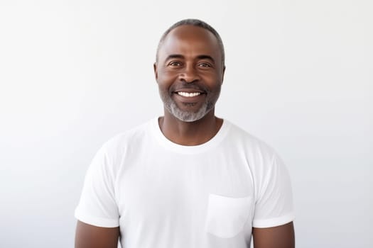 Portrait of handsome happy smiling mature african man with toothy smile, bearded, looking at camera on white studio background