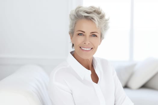 Portrait of beautiful happy smiling mature woman with gray hair, toothy smile looking at camera in white living room at home