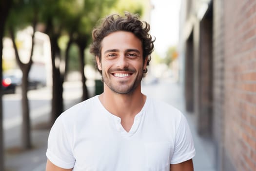 Portrait of handsome happy smiling young man in white t-shirt with toothy smile looking at camera on city street