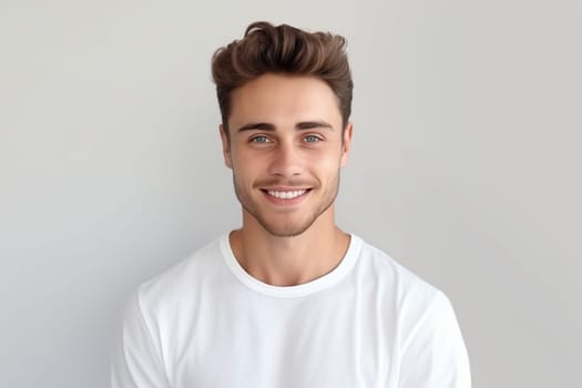 Portrait of handsome happy smiling young man in t-shirt with toothy smile looking at camera on white studio background