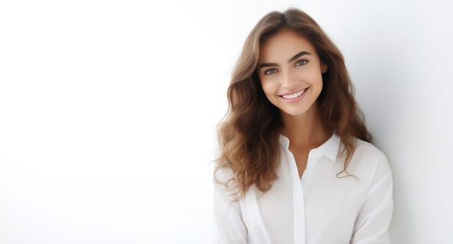 Portrait of beautiful happy smiling young woman in shirt with toothy smile looking at camera on white studio background