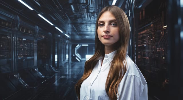 Young businesswoman watch and analyze digital business data on futuristic holographic screen close up