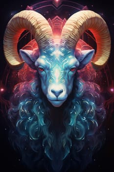 Sign of the zodiac Aries in vibrant, holographic colors. Mysticism with a touch of surrealism. Astrological sign ram on colorful background. Horoscope. Vertical picture. Generative AI