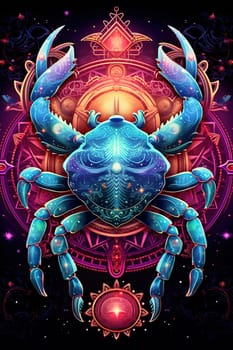 Sign of the zodiac Cancer in vibrant, holographic colors. Mysticism with a touch of surrealism. Astrological sign crab on dark background. Horoscope. Vertical format. Generative AI