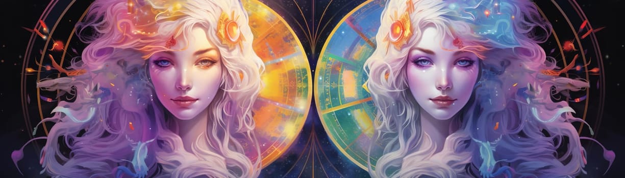 Sign of the zodiac Gemini in vibrant, holographic colors. Mysticism with a touch of surrealism. Astrological sign twins on dark background. Horoscope. Panoramic banner. Generative AI