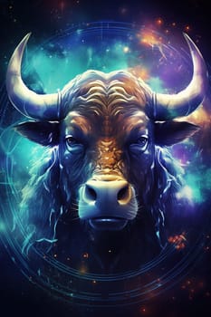 Sign of the zodiac Taurus in vibrant, holographic colors. Embodying strength and mysticism with a touch of surrealism. Astrological sign bull. Horoscope. Vertical format. Generative AI