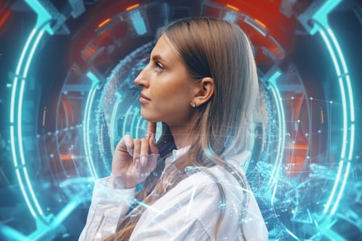 Young businesswoman watch and analyze digital business data on futuristic holographic screen close up