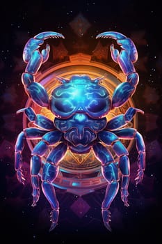 Sign of the zodiac Cancer in vibrant, holographic colors. Mysticism with a touch of surrealism. Astrological sign crab on dark background. Horoscope. Vertical format. Generative AI